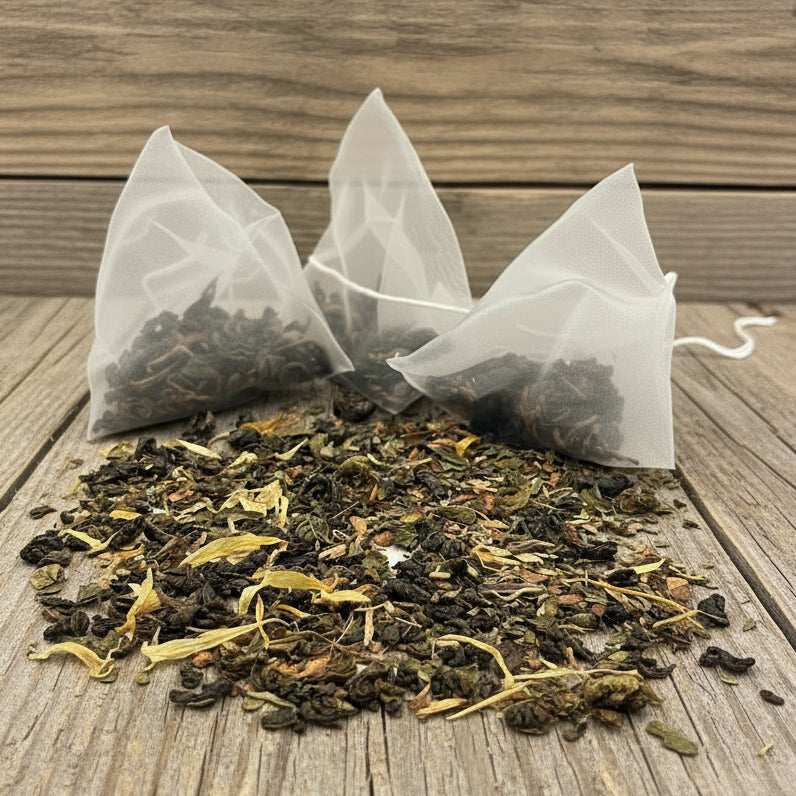 Tea leaves spilling out of clear tea bags on a white background